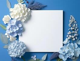 blanco papier met tropisch bladeren en bloemen. vlak leggen, top visie, kopiëren ruimte ai gegenereerd foto