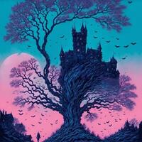 halloween illustratie met kasteel en boom, in risografie stijl ai generatief foto
