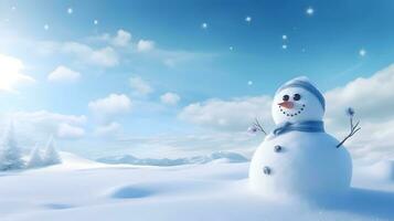 vrolijk Kerstmis en gelukkig nieuw jaar concept. gelukkig sneeuwman staand in Kerstmis landschap, sneeuw val, generatief ai foto