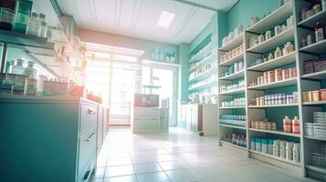 apotheek interieur, geneeskunde kabinet en op te slaan geneeskunde en apotheek apotheek voor wazig achtergrond. generatief ai foto