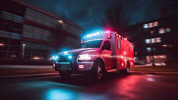 een medisch noodgeval ambulance het rijden gedurende verkeer jam Aan stad weg. stormloop uur concept. ambulance. generatief ai foto