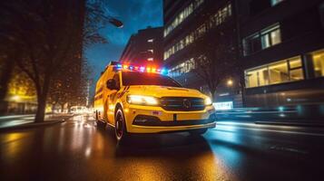 een medisch noodgeval ambulance het rijden gedurende verkeer jam Aan stad weg. stormloop uur concept. ambulance. generatief ai foto