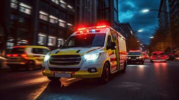 een medisch noodgeval ambulance het rijden gedurende verkeer jam Aan stad weg. stormloop uur concept. ambulance. generatief ai foto