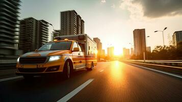 een medisch noodgeval ambulance het rijden gedurende verkeer jam Aan stad weg. stormloop uur concept. ambulance. generatief ai foto