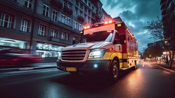 een medisch noodgeval ambulance het rijden gedurende verkeer jam Aan stad weg. stormloop uur concept. ambulance. generatief ai foto