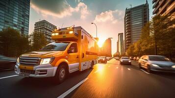 een medisch noodgeval ambulance het rijden gedurende verkeer jam Aan stad weg. stormloop uur concept. ambulance. generatief ai foto