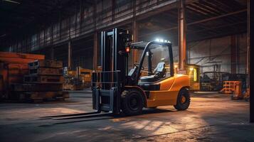 een heftruck hijs- in industrieel fabriek. generatief ai foto