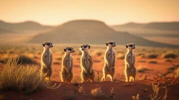 groep van stokstaartjes staand met een woestijn landschap en ver weg bergen. generatief ai foto