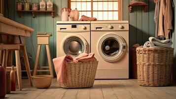 het wassen machine, het wassen gel en wasserij mand in huis. interieur ontwerp. generatief ai foto
