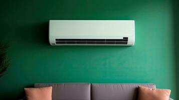 modern lucht conditioner Aan donker groen muur in leven kamer. generatief ai foto