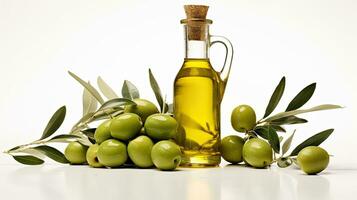 fles van olijf- olie en groen olijven met bladeren geïsoleerd Aan wit achtergrond. generatief ai foto