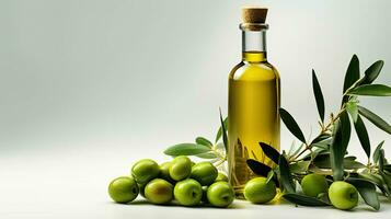 fles van olijf- olie en groen olijven met bladeren geïsoleerd Aan wit achtergrond. generatief ai foto
