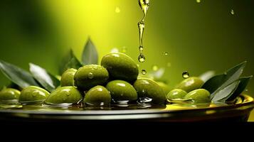 olijven olie drijvend met olijven Aan een groen achtergrond. generatief ai foto