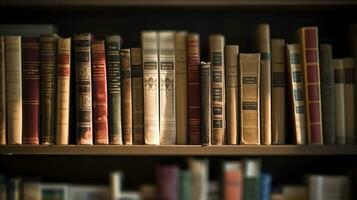 boeken in boekenplank, in openbaar bibliotheek. generatief ai foto