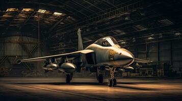 een leger vechter Jet vliegtuig geparkeerd in leger hangar Bij de baseren luchtmacht voor leger missie. generatief ai foto