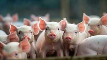 groep van biggen Bij de huiselijk boerderij, varkens Bij fabriek. generatief ai foto