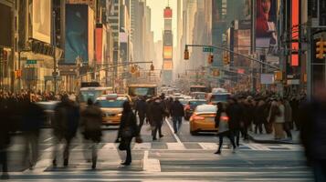 wazig bezig straat tafereel met drukte van mensen wandelen aan de overkant een kruising in nieuw york stad. generatief ai foto