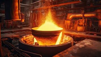 industrieel metallurgisch gieterij fabriek, vloeistof gesmolten metaal gieten in pollepel, zwaar industrie. generatief ai foto