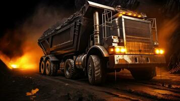 groot steengroeve dump vrachtauto in steenkool de mijne Bij nacht. bezig met laden steenkool in lichaam werk vrachtwagen. generatief ai foto