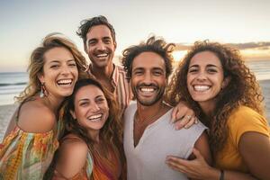 een groep van vrienden openhartig genieten van Aan een strand vakantie, glimlachen breed met vreugde en dankbaarheid, belichamen geluk door de sereen oceaan. generatief ai foto