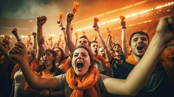 groep van fans Amerikaans voetbal vieren de succes van hun favoriete sport- team Aan de staat van de professioneel stadion. generatief ai foto