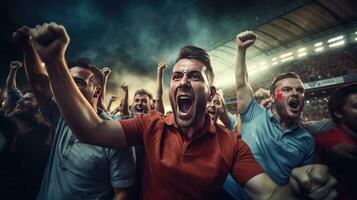groep van fans Amerikaans voetbal vieren de succes van hun favoriete sport- team Aan de staat van de professioneel stadion. generatief ai foto