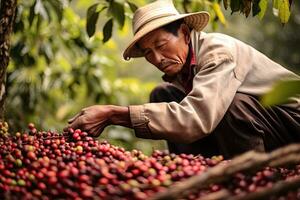 Vietnamees boeren plukken arabica koffie bessen robusta door hand. generatief ai foto