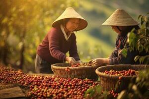 vrouw Vietnamees boeren plukken arabica koffie bessen robusta door hand. generatief ai foto