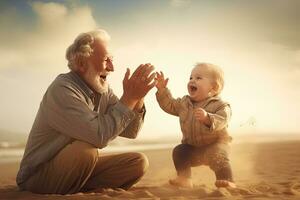 gelukkig opa spelen met kleinzoon Aan strand. genereren ai foto