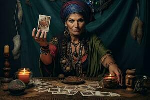 een mooi tarot lezer of fortuin teller lezing en voorspelling concept. zigeuner kaart. generatief ai foto