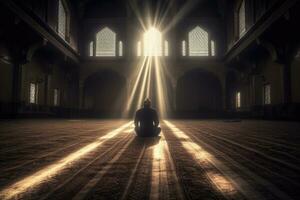 een religieus moslim Mens bidden binnen de moskee. moslim. generatief ai foto