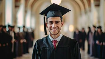 een jong mannetje glimlachen afstuderen tegen de achtergrond van Universiteit afgestudeerden. generatief ai foto