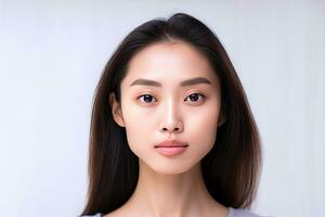 Aziatisch Dames portret, mooi jong Aziatisch vrouw met schoon vers huid Aan wit achtergrond, gezicht zorg, gelaats behandeling, cosmetologie, schoonheid en spa. generatief ai foto