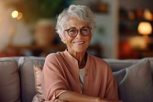 gelukkig oud dame in bril poseren Bij huis binnen, positief single senior gepensioneerd vrouw zittend Aan sofa in leven kamer. generatief ai foto