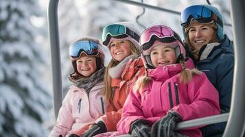 gelukkig familie in kabel auto beklimmen naar ski terrein. skiën. generatief ai foto