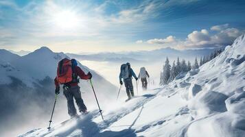 groep van vrienden skiën in hoog bergen. skiën. generatief ai foto