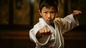 Aziatisch jongen karate krijgshaftig kunsten. taekwondo. generatief ai foto