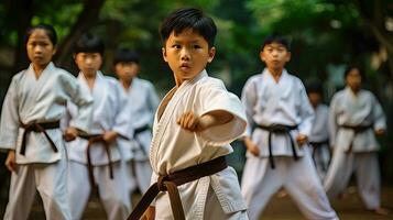 Aziatisch kinderen karate krijgshaftig kunsten. taekwondo. generatief ai foto