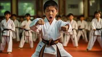 Aziatisch kinderen karate krijgshaftig kunsten. taekwondo. generatief ai foto