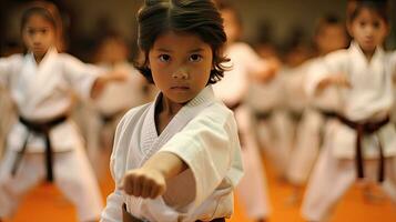 Aziatisch kinderen karate krijgshaftig kunsten. taekwondo. generatief ai foto