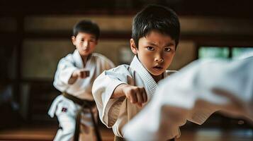 Aziatisch kinderen karate krijgshaftig kunsten. taekwondo. generatief ai foto