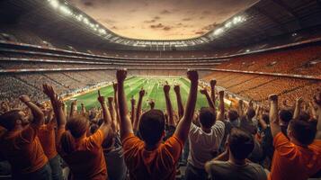 groep van fans Amerikaans voetbal vieren de succes van hun favoriete sport- team Aan de staat van de professioneel stadion. generatief ai foto