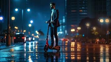 een Mens Bij nacht met elektrisch scooter of e-scooter in de stad, elektrisch stedelijk vervoer concept. generatief ai foto