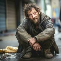 een dakloos bedelaar Mens zittend buitenshuis in stad vragen voor geld bijdrage. generatief ai foto