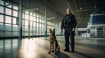 veiligheid officier met Politie hond Bij luchthaven. Politie hond. snuffelaar hond. generatief ai foto