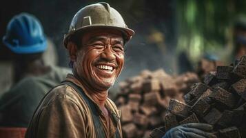 portret van gelukkig metselaar Bij bouw plaats. generatief ai foto