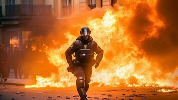 een speciaal krachten officier vlucht van brand Bij een protest. generatief ai foto