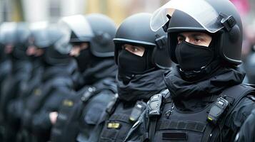 een team van speciaal Politie krachten cordon Bij de demonstratie, blokkeren straat protesten. generatief ai foto