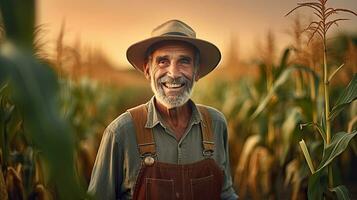 landbouwer, portret van gelukkig senior boer in groeit maïs veld. landbouw. generatief ai foto