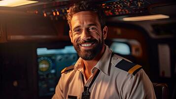 een zelfverzekerd mannetje piloot in uniform houden armen gekruiste en glimlachen terwijl staand binnen van de vliegtuig. generatief ai foto